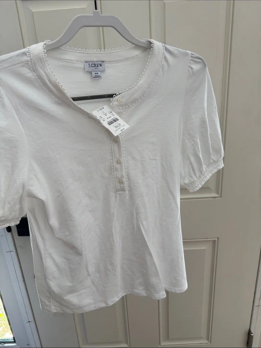 J. Crew White Short-Sleeve Henley with Loop-Trim Collar